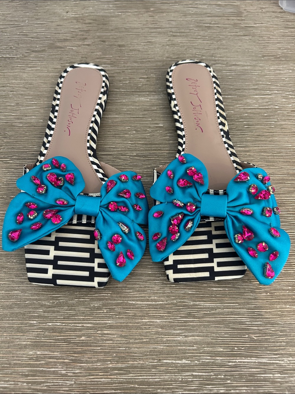 Betsey Johnson Turquoise Bow Slide Sandals with Hot Pink Gems